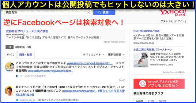 Yahoo!リアルタイム検索でヒットするのはFacebookページのみで個人アカウントは公開投稿でも対象外へ