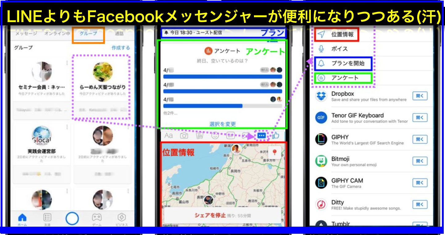 Facebookメッセンジャー新機能3つ位置情報リアルタイム共有･プラン･アンケート