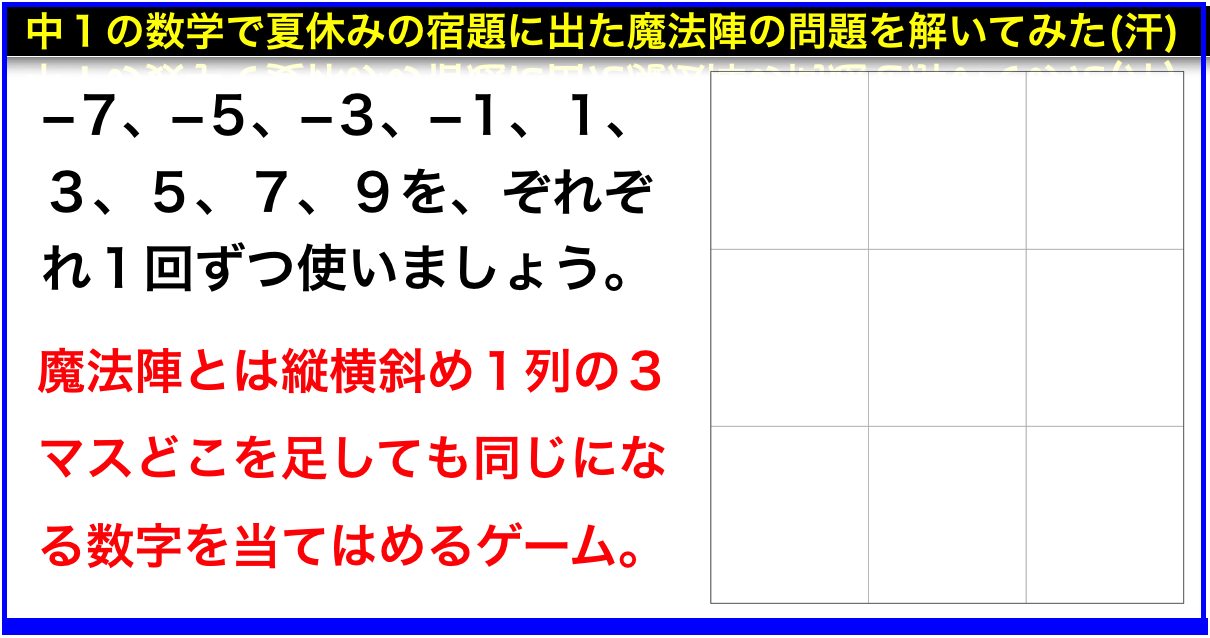 数学で 魔法陣 問題の解き方と解答 中学校1年生 正負の整数 ネットビジネス アナリスト横田秀珠