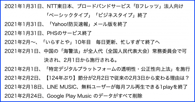 2021年(令和3年)2月から変わること・終わること・起こること