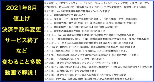 2021年(令和3年)8月から変わること・終わること・起こること
