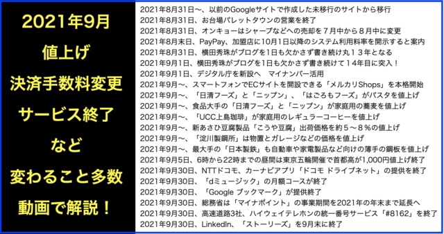 2021年(令和3年)9月から変わること・終わること・起こること