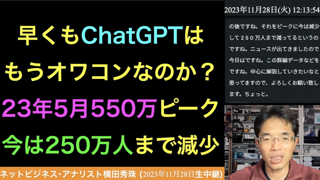 ChatGPTは2023年5月550万人をピークに250万人まで減少への続きはYouTubeメンバーシップで！イーンスパイア株式会社