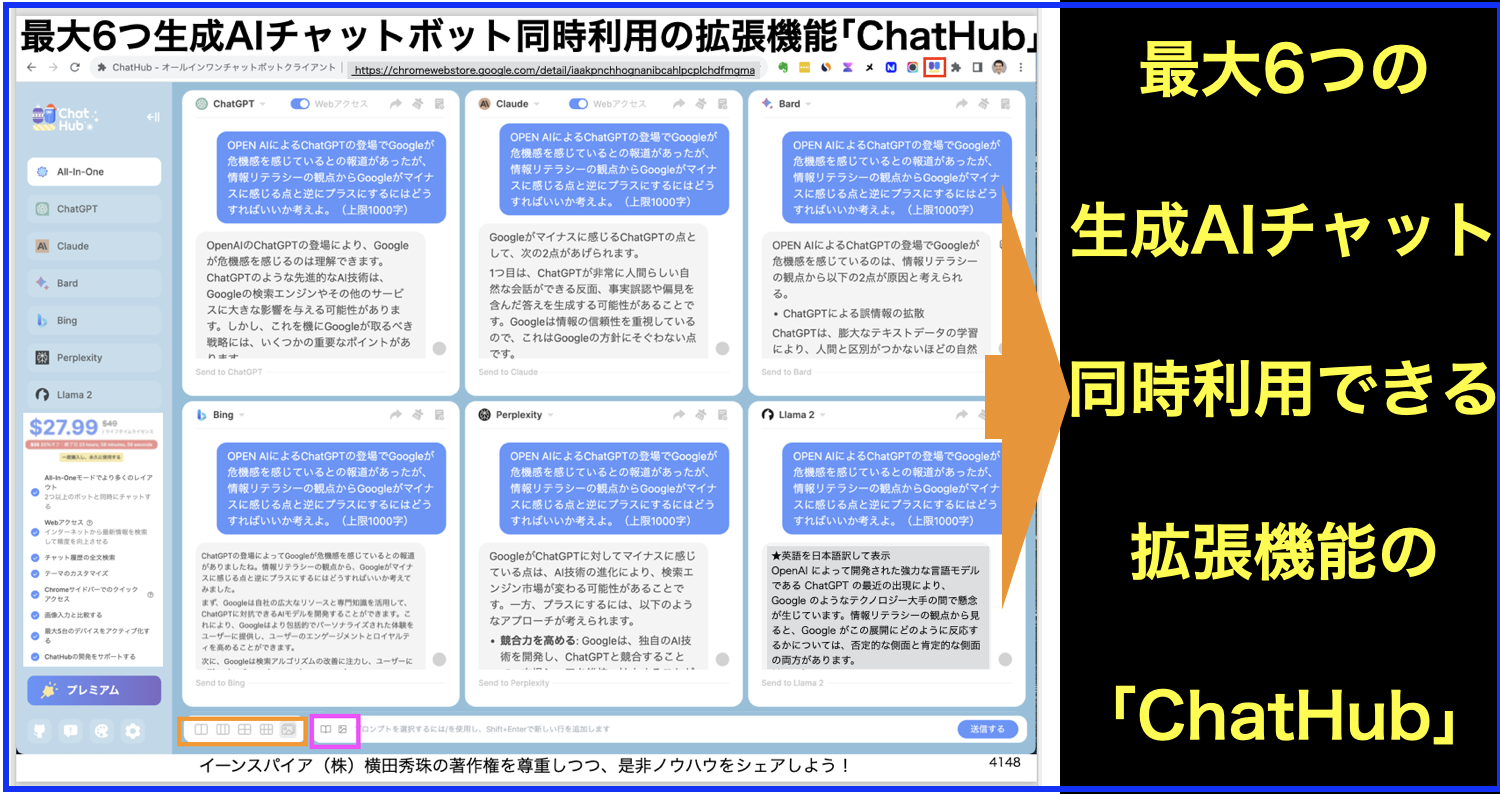 最大6つ生成AIチャットボット同時利用の拡張機能｢ChatHub｣