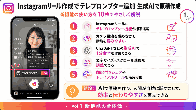 Instagramリール作成でテレプロンプター追加・生成AIで原稿作成