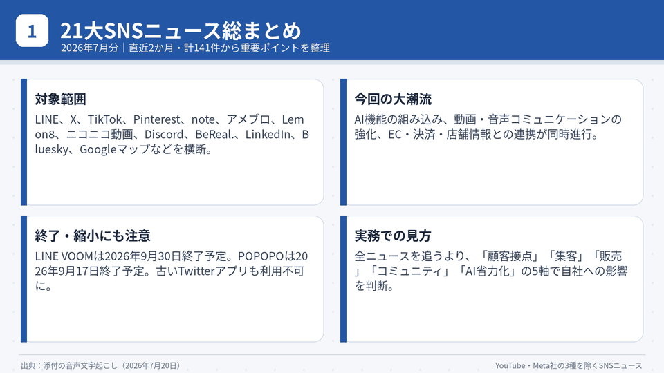 YouTubeとMeta社の3種以外21大SNSニュース(2026年7月分)