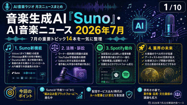 音楽生成AI｢Suno｣･AI音楽ニュース2026年7月分(AI音楽ラジオ)