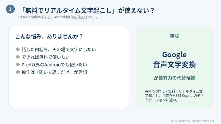 M365Copilot終了でGoogle音声文字変換&音検知通知アプリ代替