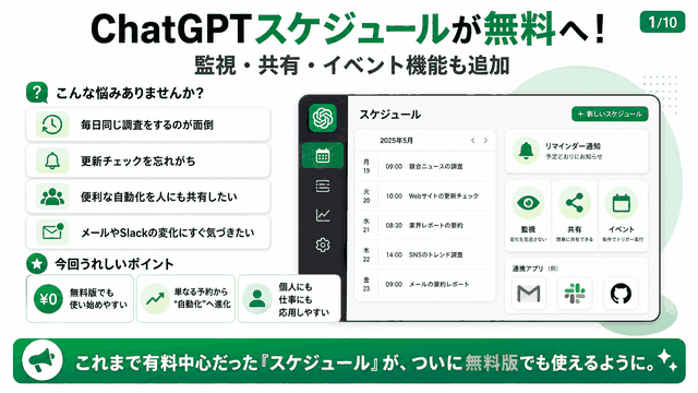 ChatGPTスケジュールが無料へ:監視･共有･イベント機能も追加