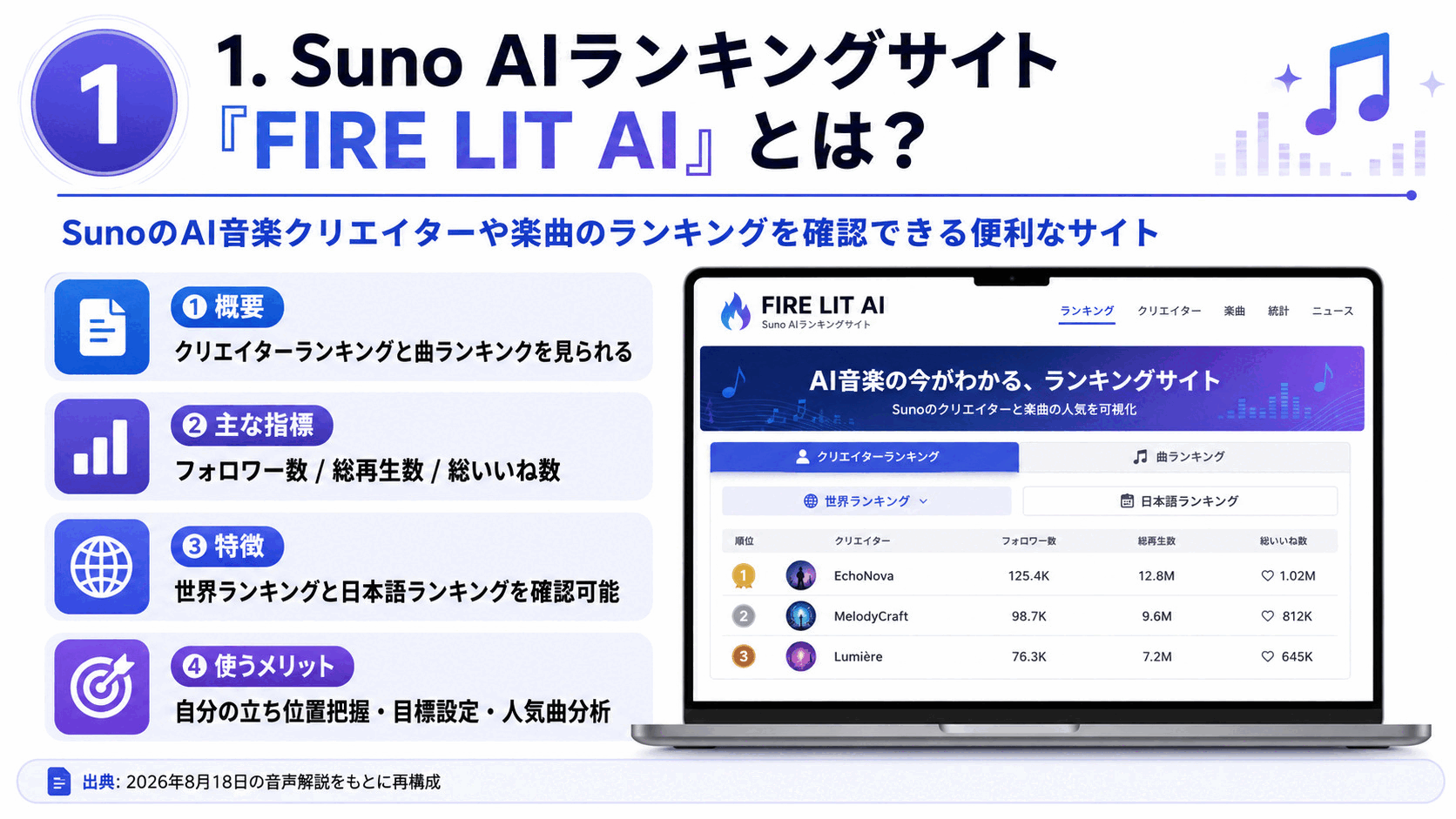 Suno AIランキングサイト(クリエイター･AI音楽)｢FIRE LIT AI｣