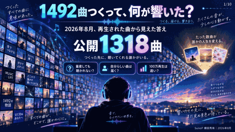 SunoP横田秀珠:音楽生成AI｢Suno｣1318曲/1492曲2026年8月分